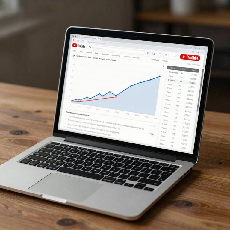 A sleek laptop on a wooden desk showing a YouTube analytics dashboard with positive growth curves and high engagement stats.