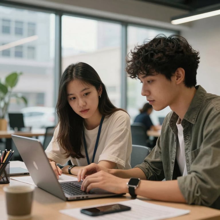 Two students collaborating on a digital marketing project in a bright, modern co-working space in a North American city.
