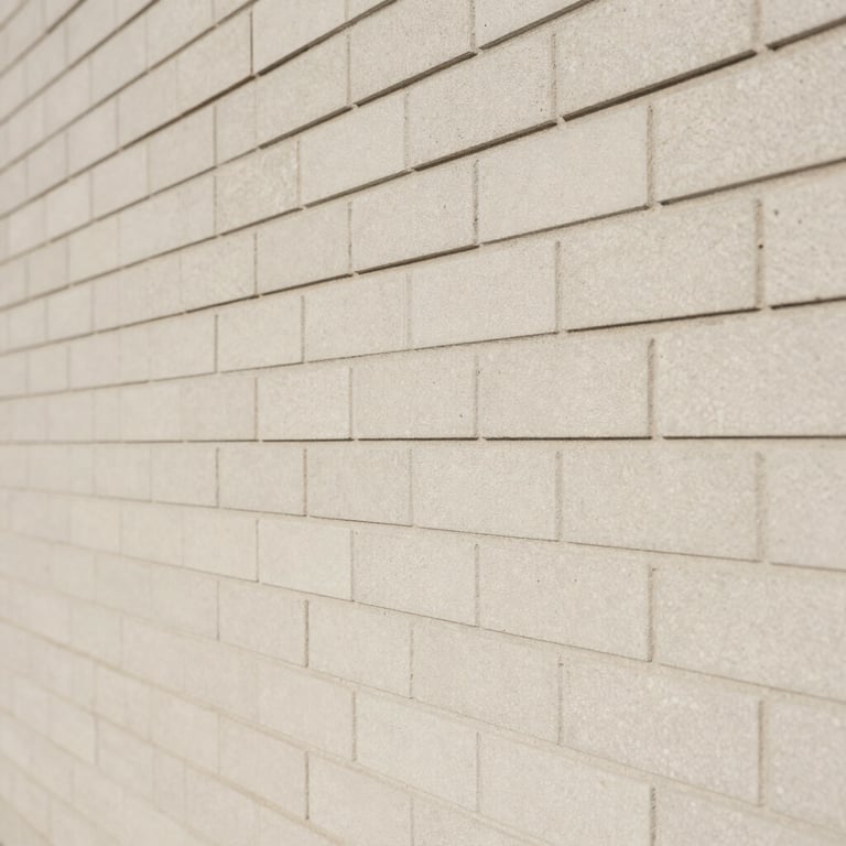 Detailed view of a modern exterior wall featuring bricks in a soft off-white color with clean mortar.