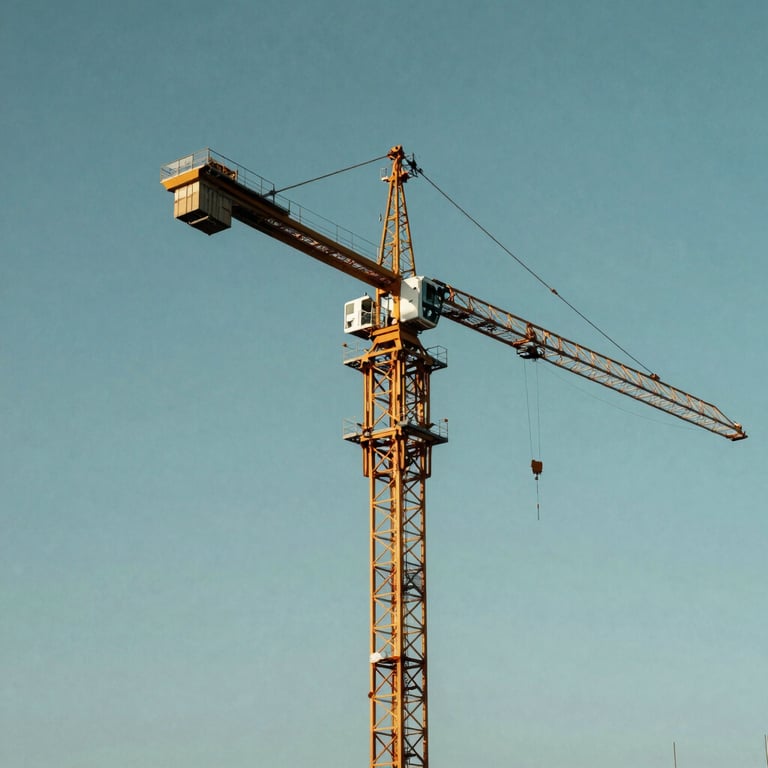 A tall construction crane at a site, painted in muted teal against a clear sky.