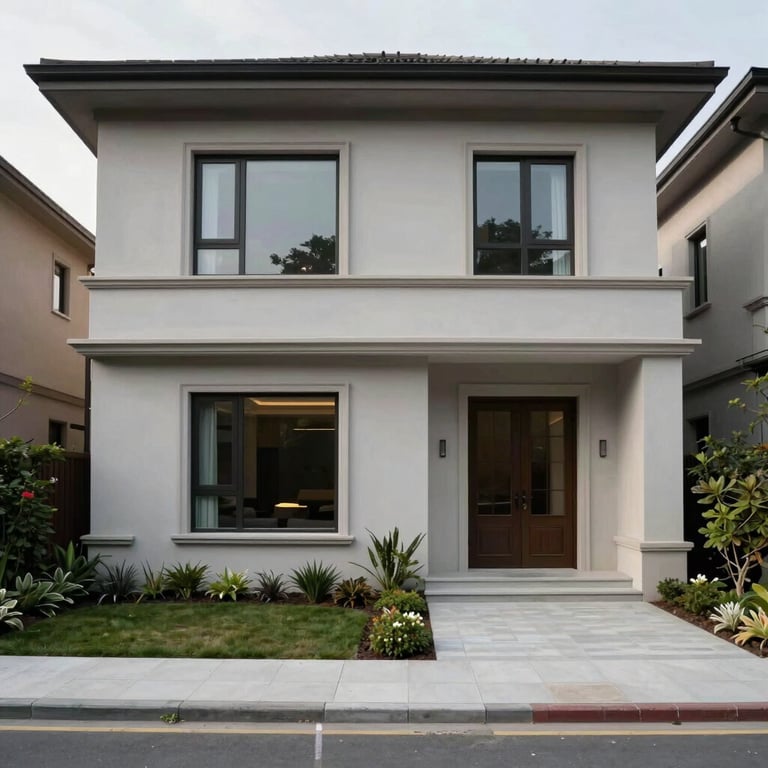 A completed luxury residence with soft ash walls and clean, minimalist landscaping.
