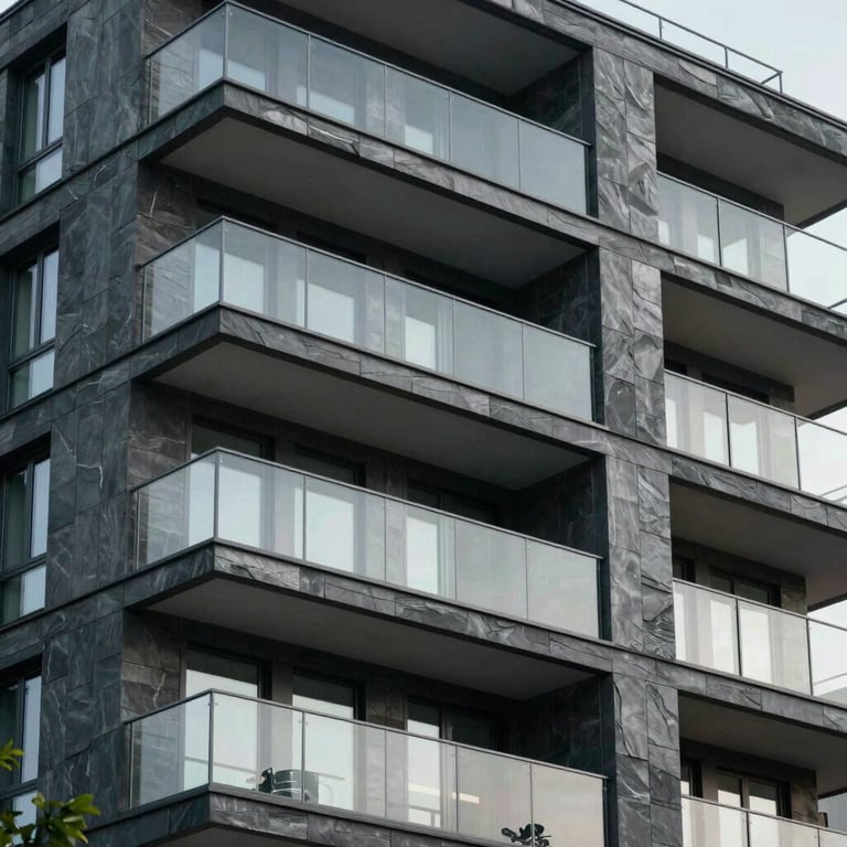 A modern apartment facade with sleek glass balconies and deep slate architectural accents.