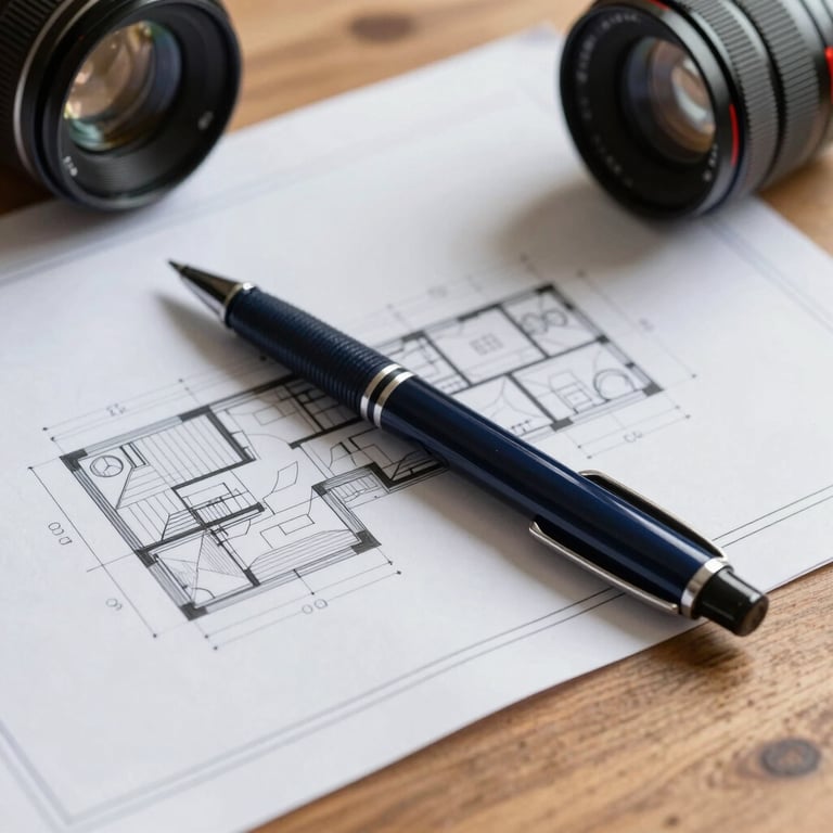 Close-up of architectural blueprints on a wooden desk with a deep slate colored pen.