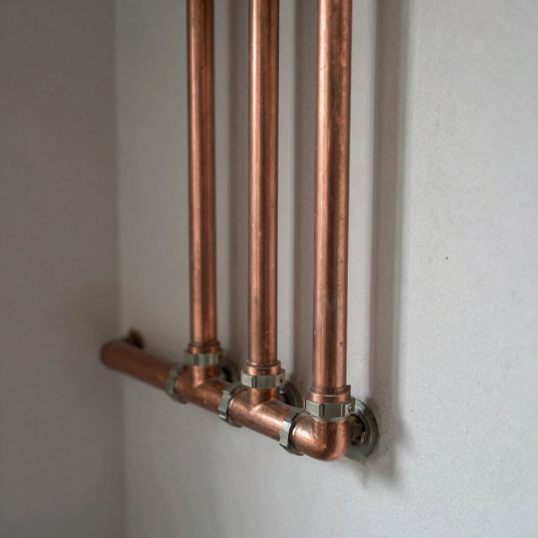 Newly installed copper piping in a residential utility room, demonstrating precise and clean workmanship.