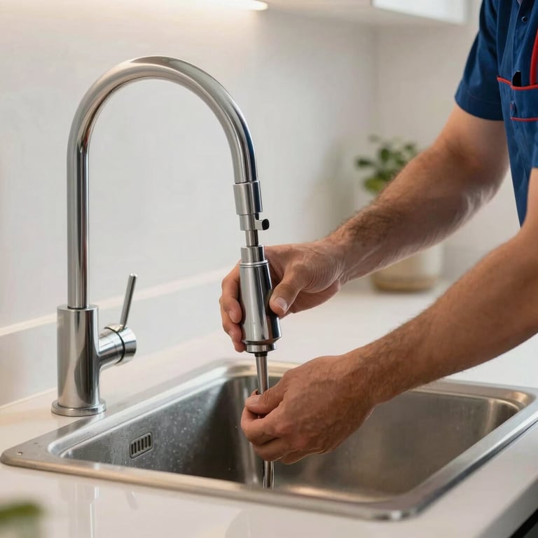 A plumber skillfully installing a new modern kitchen sink faucet in a North American home.