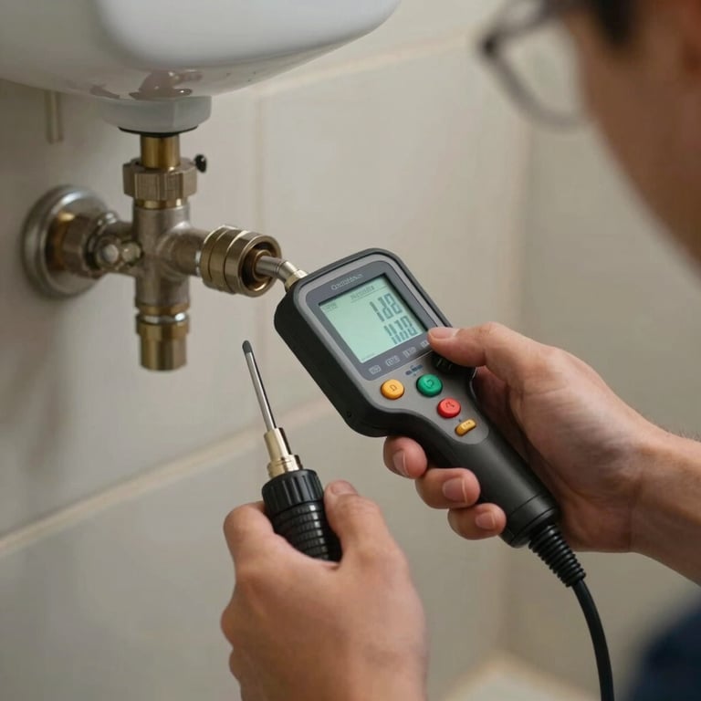 Close-up of a technician using an electronic leak detection tool on a residential bathroom pipe.