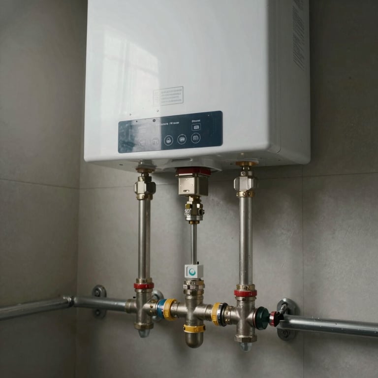 Detail of a new high-efficiency water heater installation in a clean North American basement.