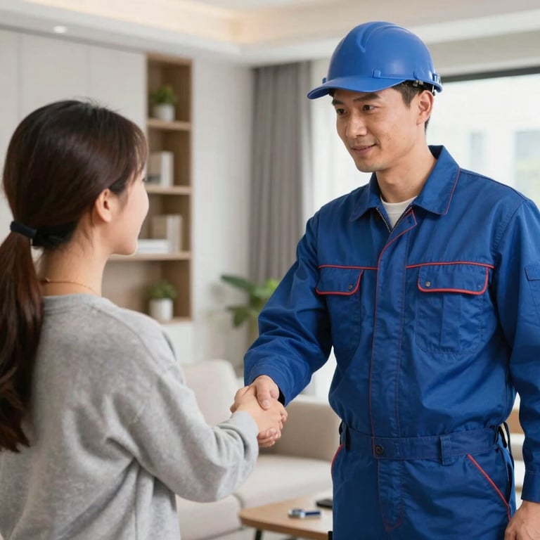 A professional plumber in uniform shaking hands with a satisfied customer in a modern living room.
