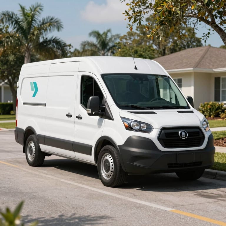 A clean, professional white service van with a subtle teal logo parked in a sunny Orlando suburb.