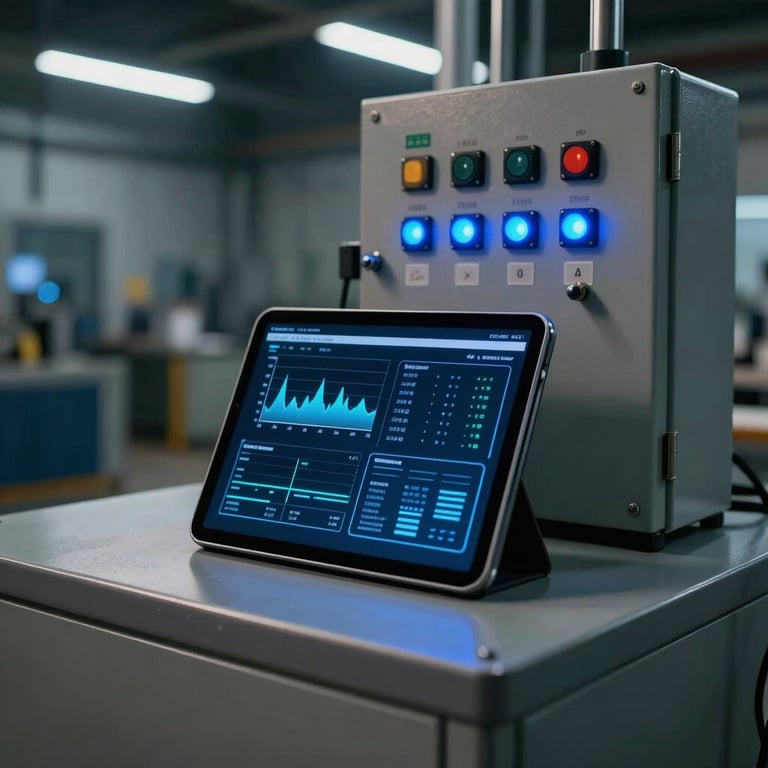A modern tablet displaying a clean industrial dashboard with real-time graphs, resting next to a physical control panel on a factory floor with electric blue status lights, dramatic industrial lighting, sharp focus