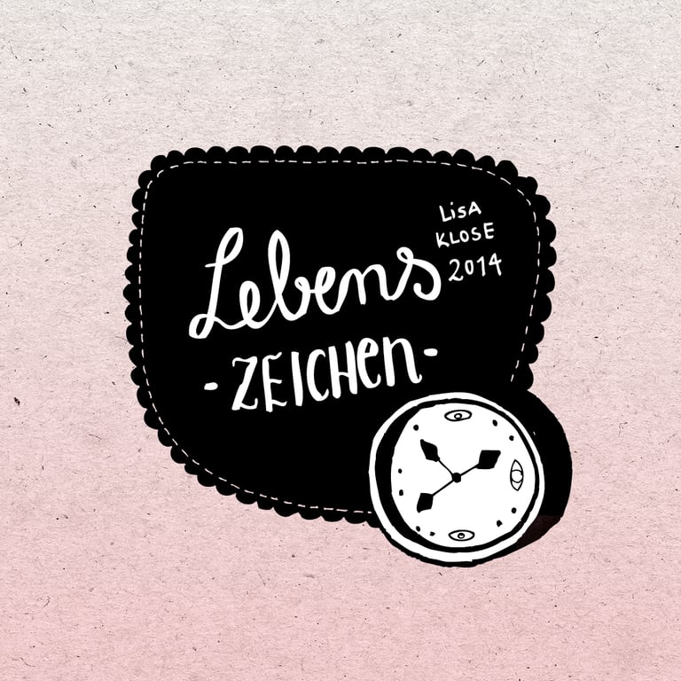 Schwarze Vignette mit dem handgeschriebenen Titel des Buchs "Lebenszeichen" und einer Uhr