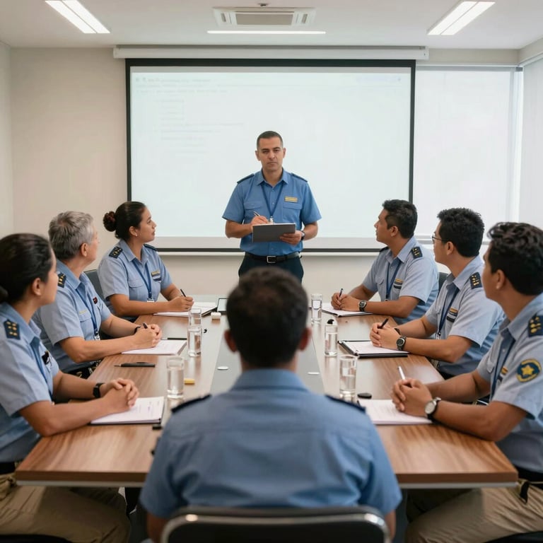 A group of logistics staff in professional uniforms having a meeting in a bright South American / Brazilian conference room.