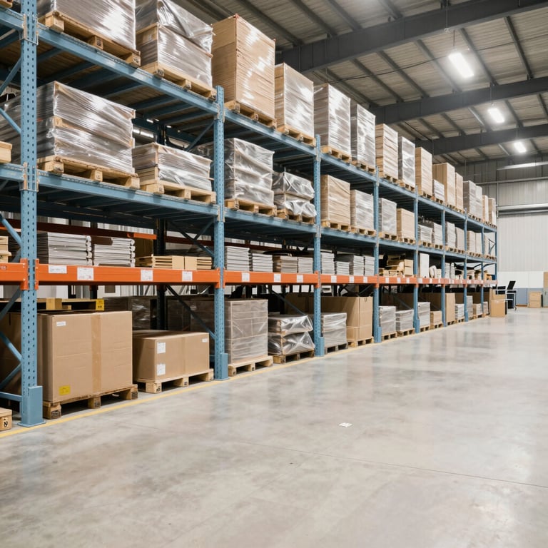 Large organized warehouse with light blue shelving and off-white flooring, professional atmosphere.