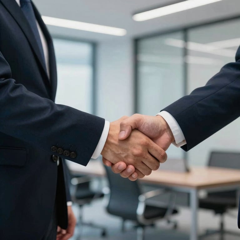Professional handshake between two business partners in a modern office with dark navy and light blue accents.