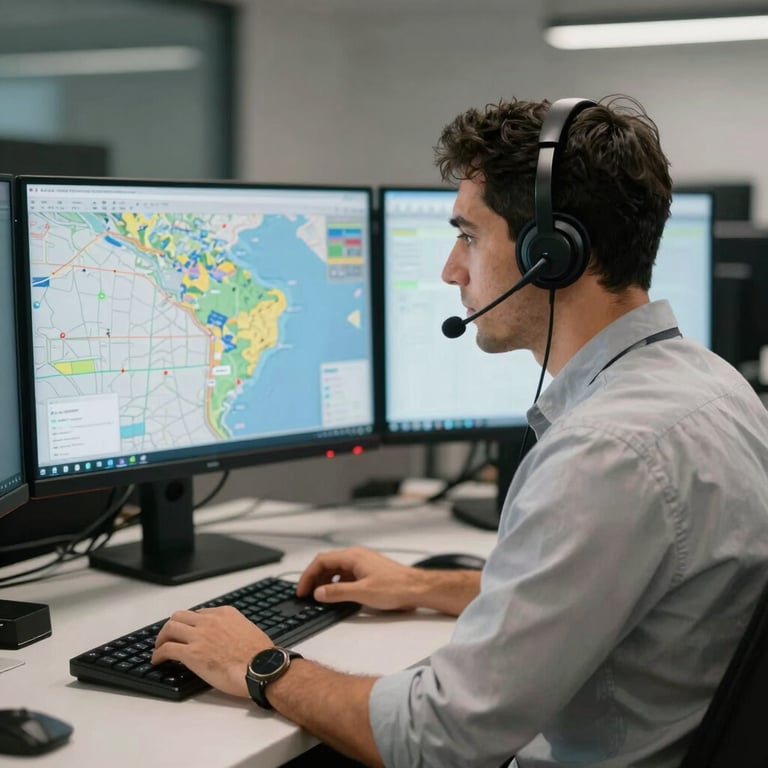 A South American / Brazilian logistics professional using a headset at a modern workstation with multiple monitors showing maps.