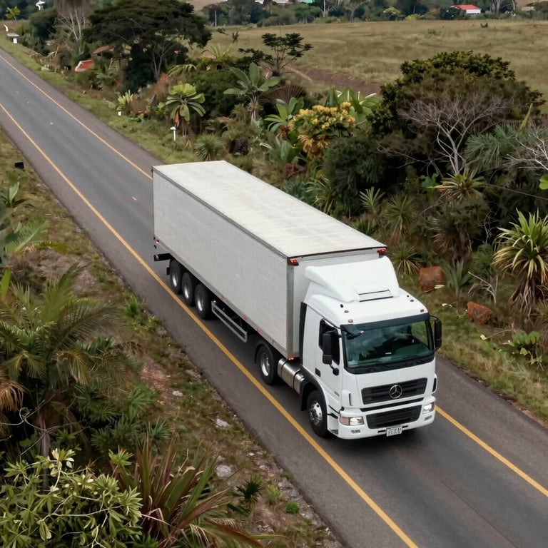 Aerial view of a transport truck driving on a well-maintained highway through a South American landscape.