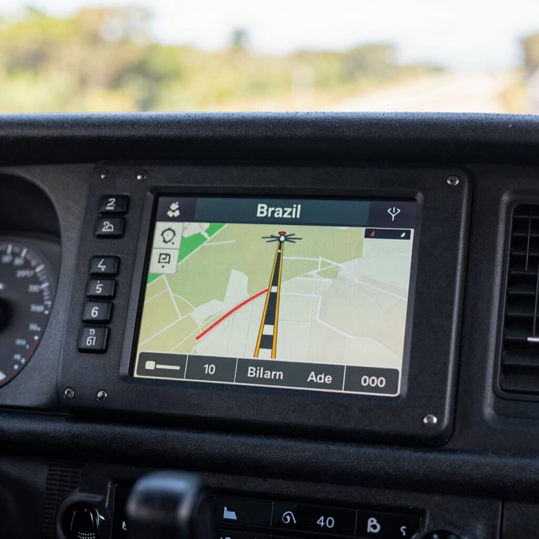 Close-up of a truck dashboard with GPS navigation system in a bright morning light in Brazil.
