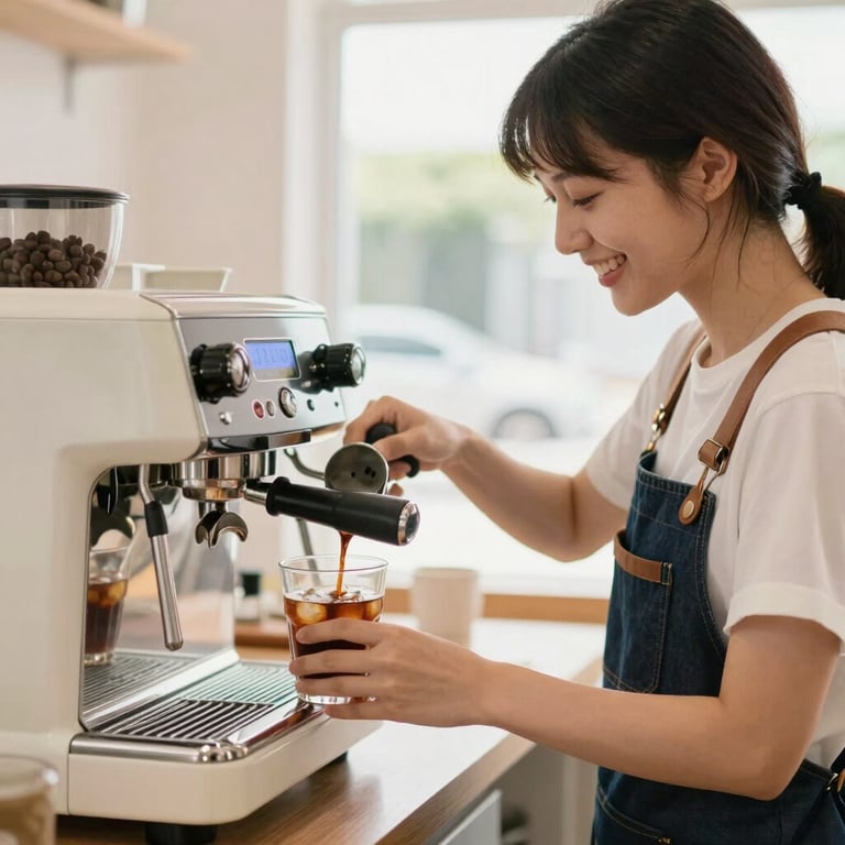Friendly young barista smiling behind a modern espresso machine, pouring fresh iced cold brew into a glass, bright warm daylight.