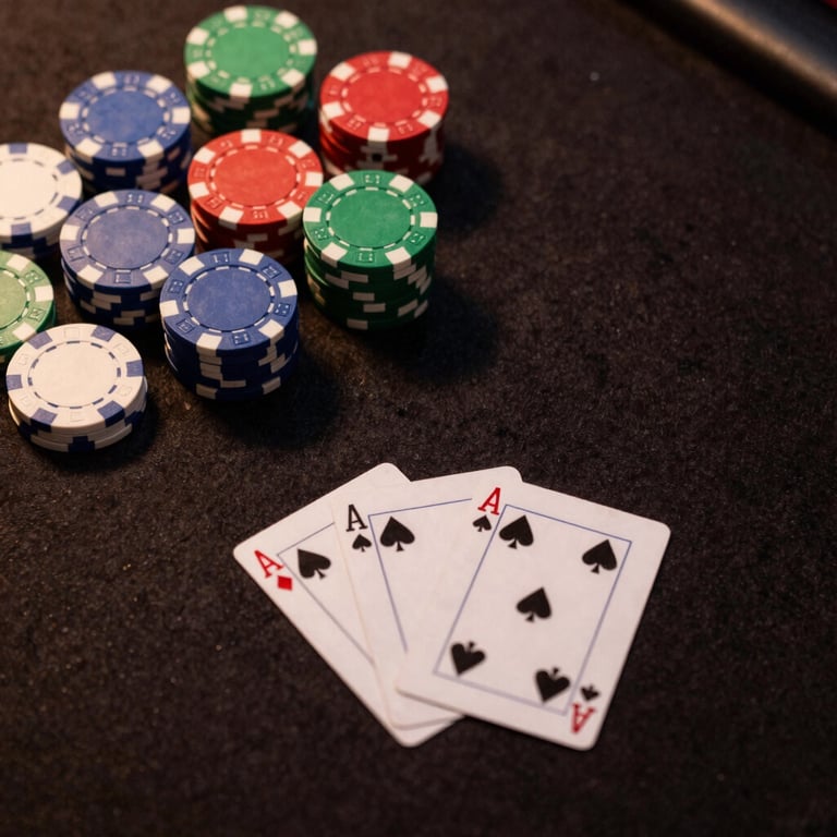A top-down view of casino chips and playing cards on a dark felt table, with subtle amber lighting creating a luxurious and high-stakes atmosphere.