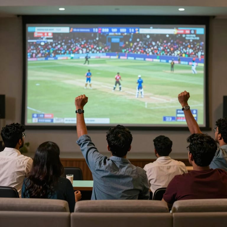 A group of South Asian / Indian friends cheering excitedly while watching a live cricket match on a large screen in a modern lounge environment.