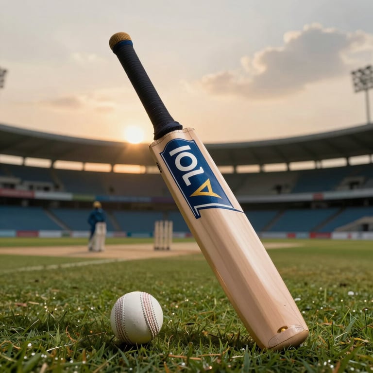 A sharp photograph of professional cricket equipment, including a bat and ball, resting on the green grass of a stadium in India, dramatic sunset lighting.
