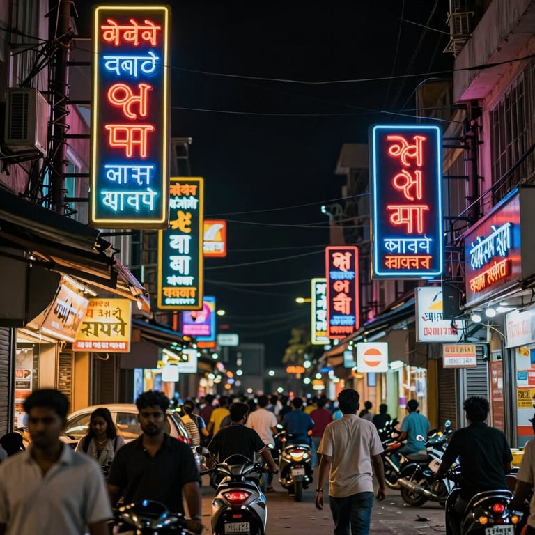 A vibrant night shot of a bustling Indian street with neon sports-themed signage, creating a modern and urban high-energy feel.