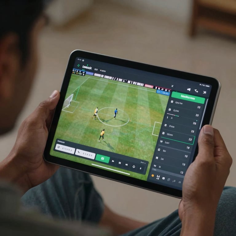 Close-up of a person in a South Asian / Indian setting using a digital tablet to view real-time sports statistics, soft evening lighting.