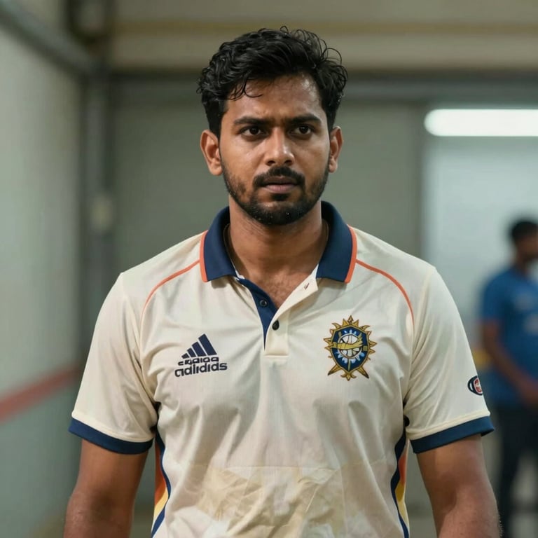 A cinematic portrait of a focused South Asian / Indian man wearing a cricket jersey, looking off-camera with a determined expression in a stadium tunnel.