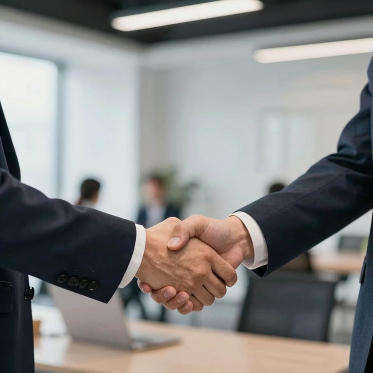 Two professionals shaking hands in a high-contrast, modern office space, highlighting partnership and business success.