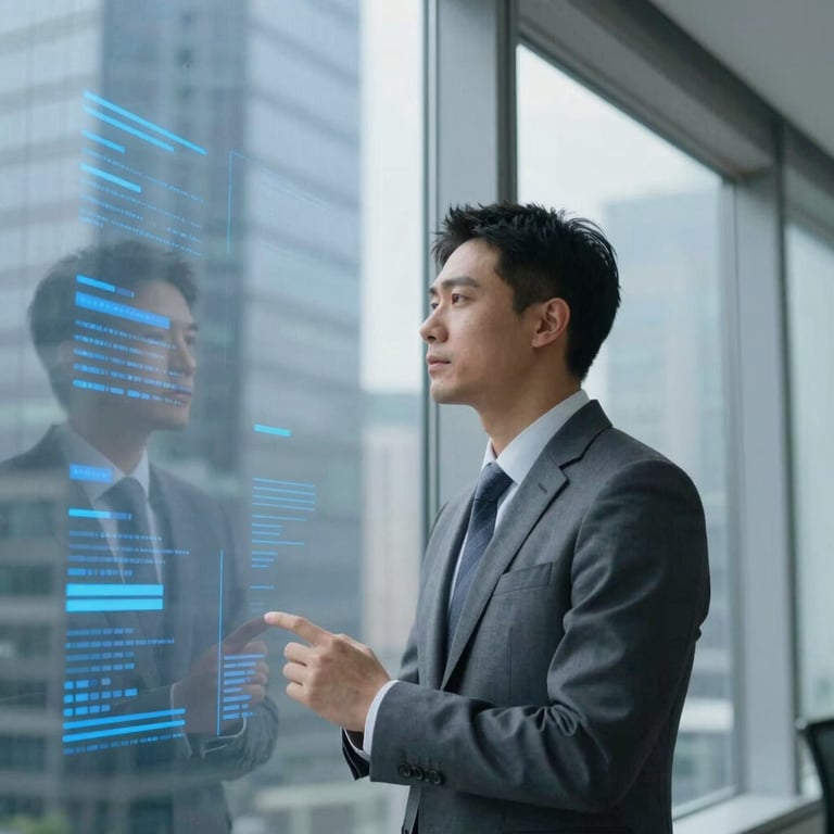 A businessman looking confidently out of a window in a high-rise office, reflected in glass with blue digital overlays.