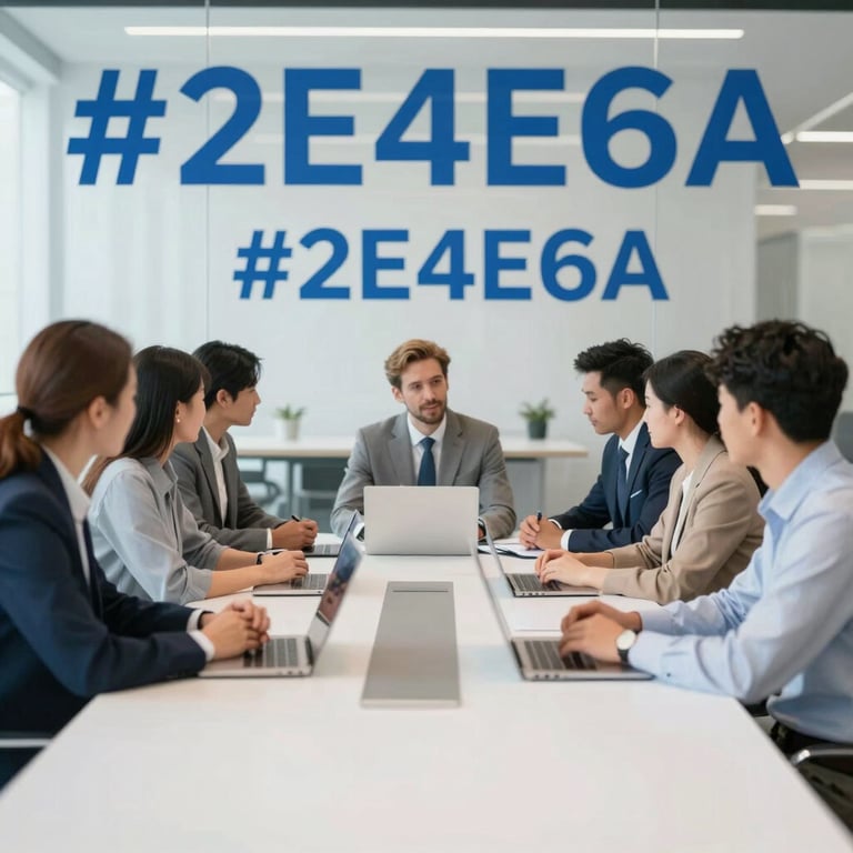 A group of diverse professionals collaborating in a bright, modern meeting room with #2E4E6A branding elements on the glass.