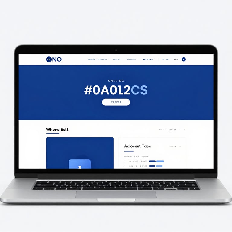 Modern minimalist website UI displayed on a laptop, featuring sharp lines and the brand palette of #0A1C2C and #ECF3F6.