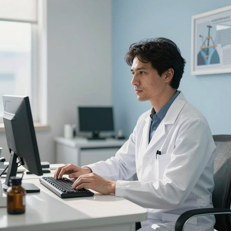 Modern doctor's office in Brazil with clean white and light blue tones, natural sunlight.