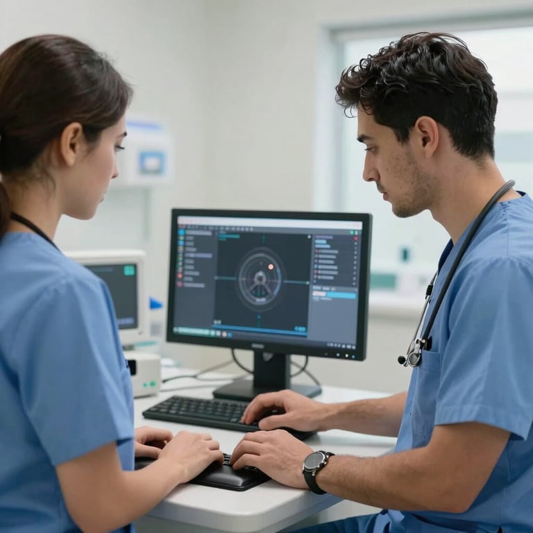 Professional South American medical staff working with digital technology in a bright clinic.