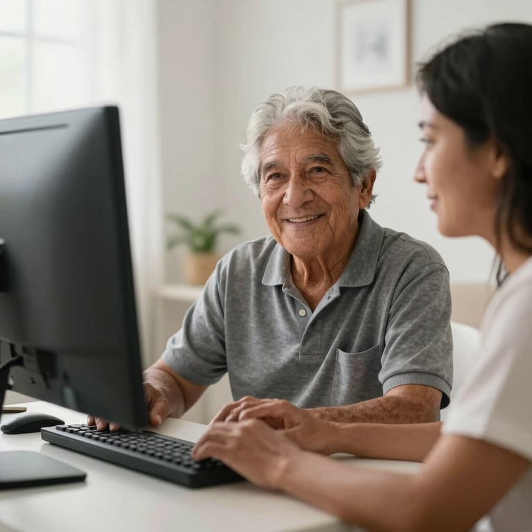 Happy South American elderly patient using a computer for a health checkup in a bright room.
