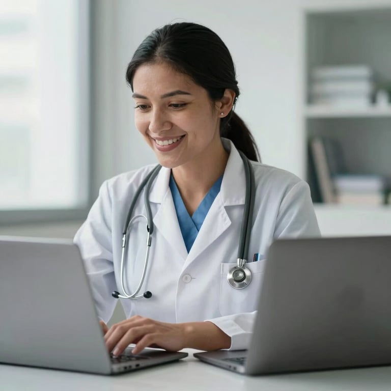 South American medical professional smiling while looking at a laptop in a bright workspace.