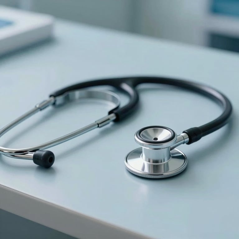 Close-up of a stethoscope on a modern desk in a light blue medical environment.