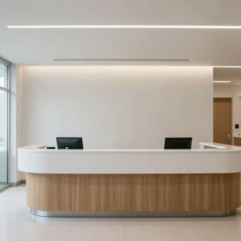 Minimalist and clean hospital reception area in South America with professional atmosphere.