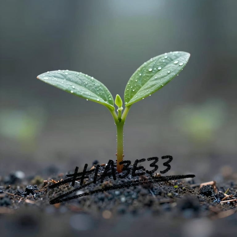 A digital signature stroke frozen in time, shaped like a growing sprout, blending tech with nature using #1A3E39.