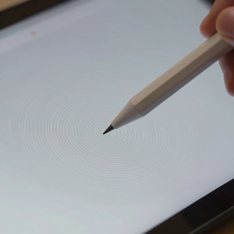 A close-up of a digital stylus touching a glass screen with a subtle tree-ring pattern in the background, sophisticated lighting.