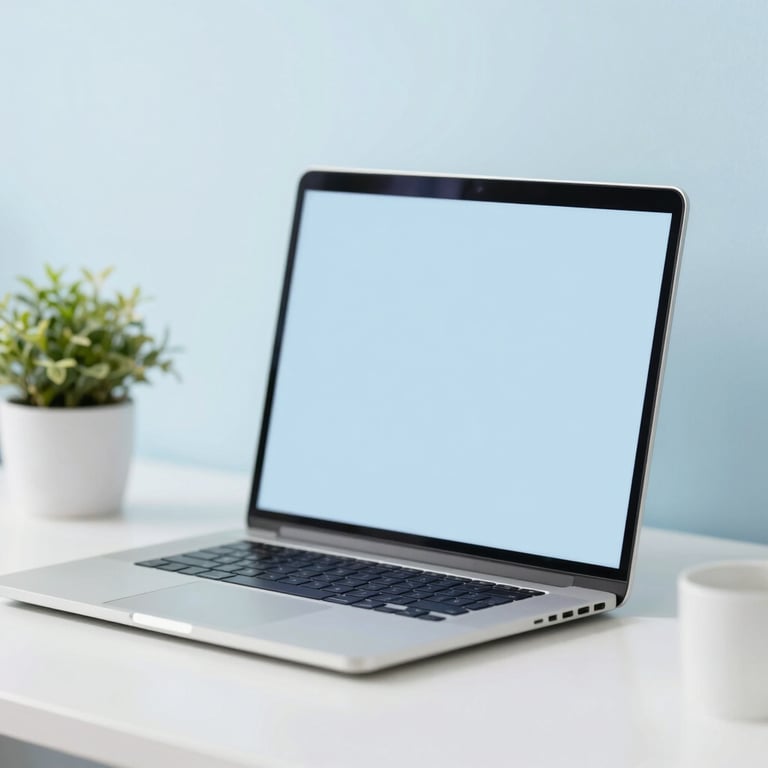 A minimalist workspace with a single sleek laptop and a small potted plant, bright and airy atmosphere using #F0F7F6.
