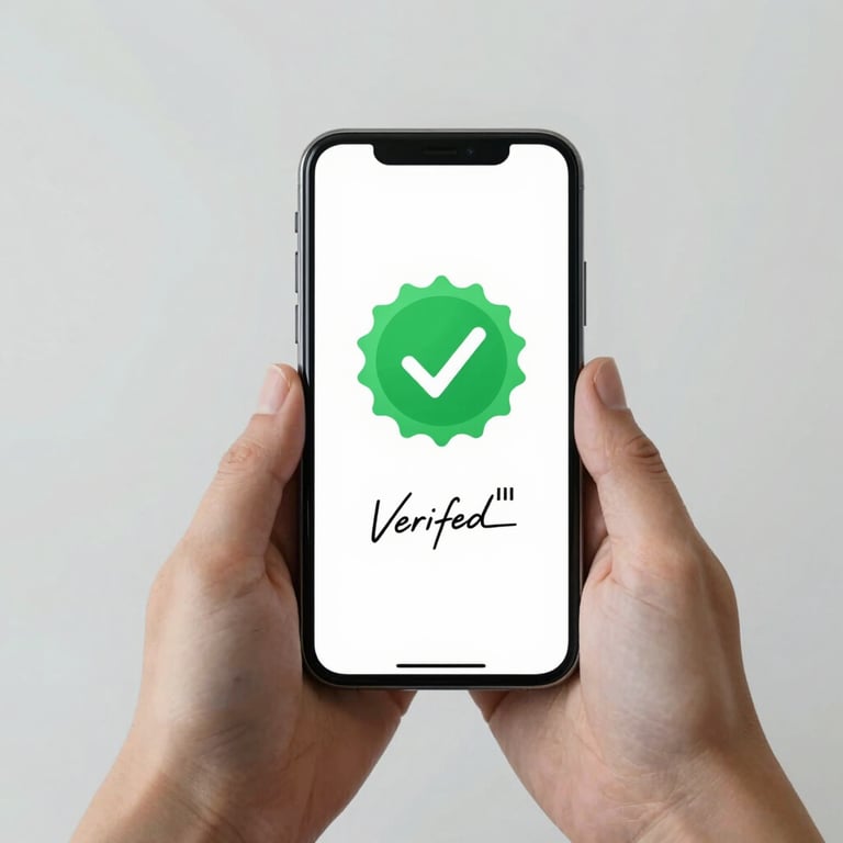 Hands holding a minimalist smartphone displaying a green 'Verified' badge and a digital signature, clean and professional vibe.