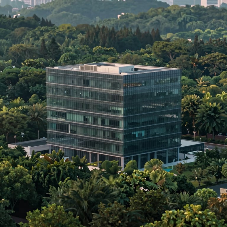 A wide shot of a modern glass office architecture surrounded by a dense, healthy forest, evening light with soft green tones.
