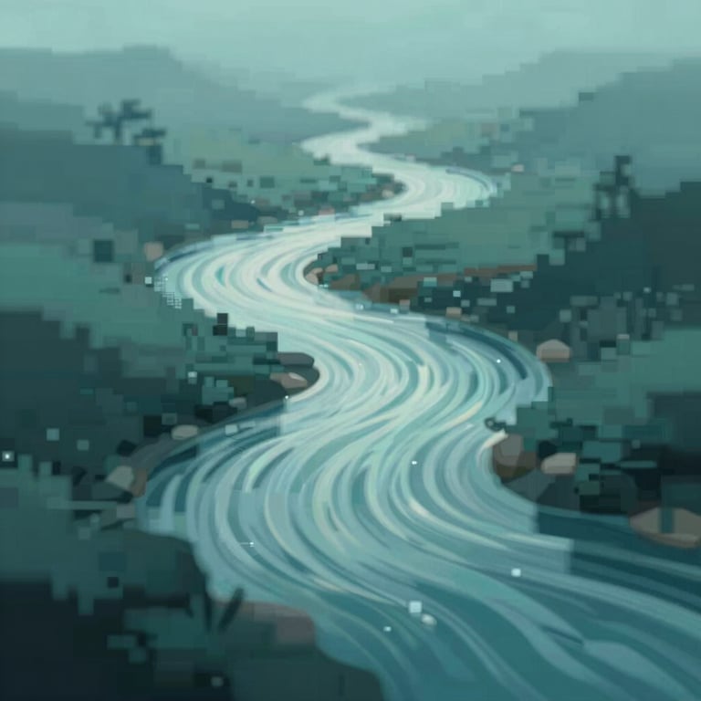 An abstract visualization of data streams flowing like a clean river through a digital landscape, using #84B1A8 and #3F7065.