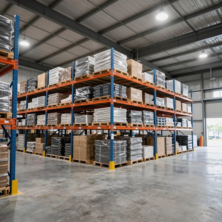 A spacious, modern warehouse interior with high ceilings and organized storage racks, featuring clean gray and blue color tones in a North American setting.