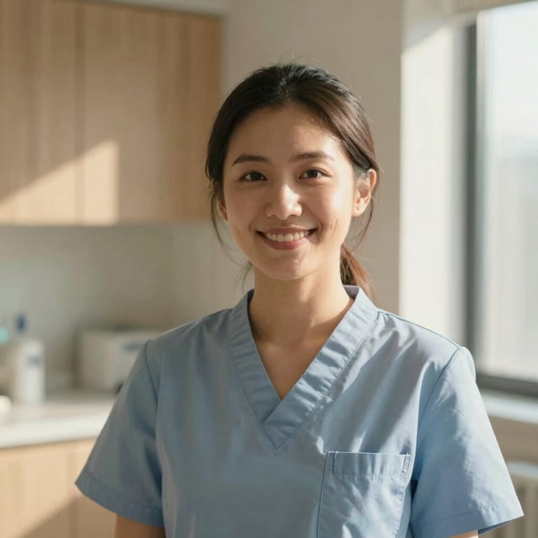 Warm environmental portrait of a female dentist in a sunlit clinic, smiling gently, professional and approachable, shallow depth of field, 35mm