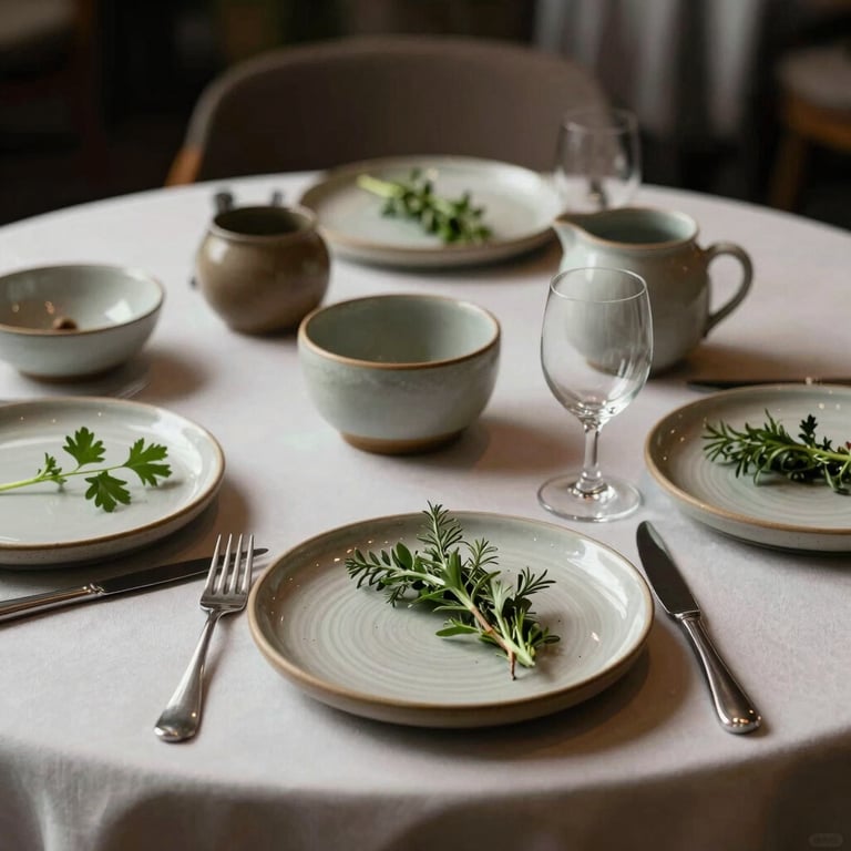 A stylish restaurant table set with artisanal ceramics and fresh herbs, soft lighting.