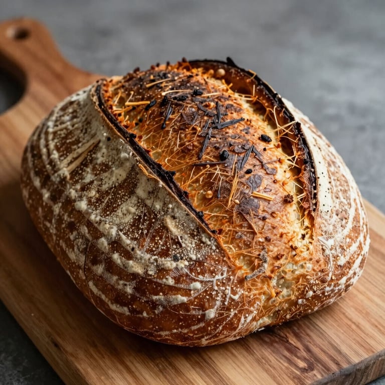 A close-up of a hand-crafted sourdough loaf on a rustic wooden board, auburn tones, South American bakery.