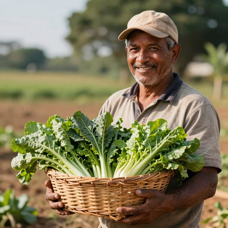 A local farmer smiling while holding a basket of organic greens, bright natural sunlight, Brazil region.