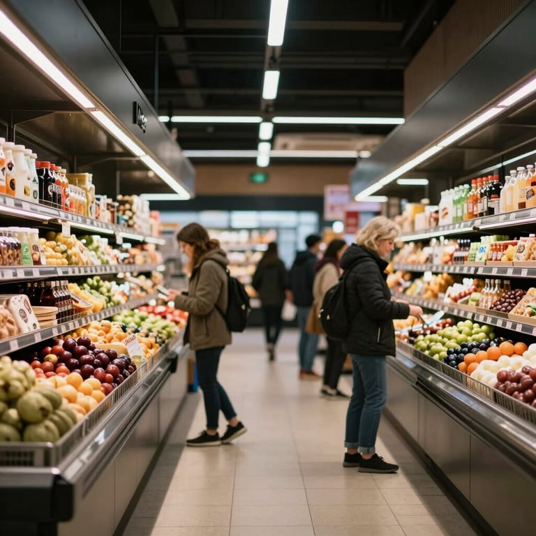 Interior of a modern food market with shoppers blurred in the background, sleek and professional.